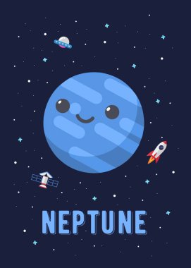 Neptün Gezegeni Şirin Tasarımı, Neptün gezegenlerinin çizim vektörü grafiği şirin çizgi film tarzında. Mavi gezegen, Uzay çocukları.