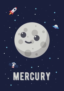 Merkür Gezegeni Şirin Tasarımı, Merkür gezegenlerinin çizim vektör grafiği şirin çizgi film tarzında. Uzay çocukları.