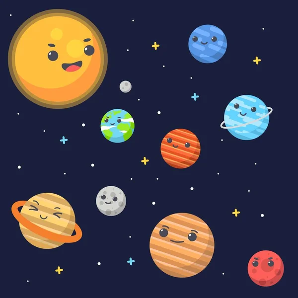 Cute Wektor Układu Słonecznego Dzieci Kreskówki Planety Płynny Wzór Wzór — Wektor stockowy