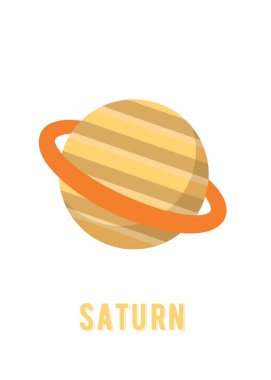 Satürn Gezegeni Poster Tasarımı. Beyaz arka planda uzay gezegeni tasarımı, minimalist çizgi film tarzı vektör. Çocuklar afişi, duvar resimleri basılmaya hazır..