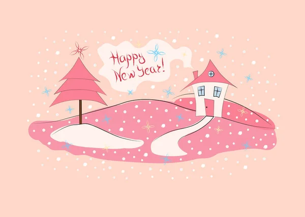 Şirin pembe köknar ağacı ve karlı bir ev.