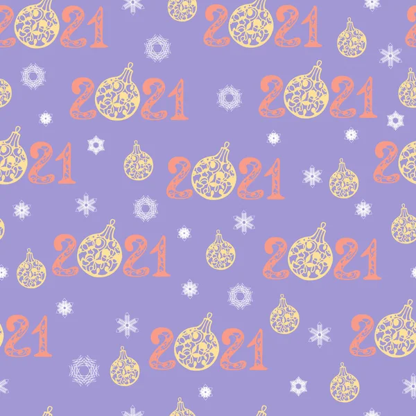 2021 yılı geldi! Yıl başı ağacı oyuncağı ve lavanta arka planında kar taneleri olan 2021 model harf.