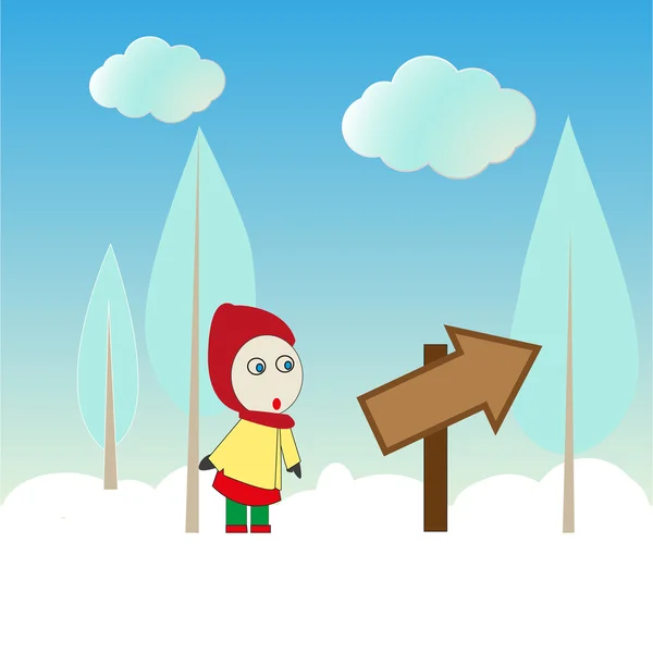 Kışın yol tabelaya bakarak küçük kız