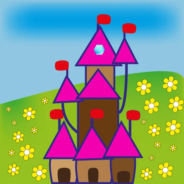 Yeşil çiçekli arka plan üzerinde çizgi film kale