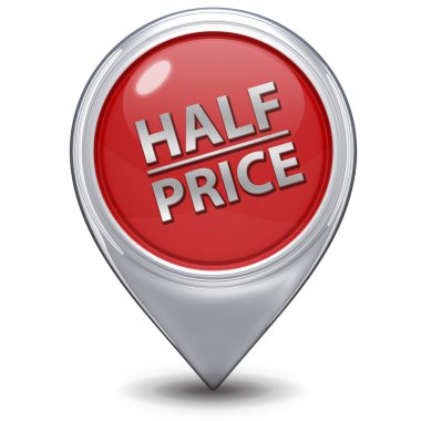 Yarı fiyatına işaretçi simgesi beyaz arka plan üzerinde