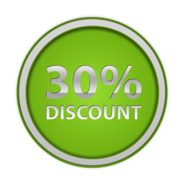% 30'u dairesel simgesi beyaz arka plan üzerinde indirim