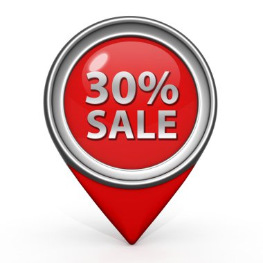 Satış % 30'u işaretçi simgesi beyaz arka plan üzerinde