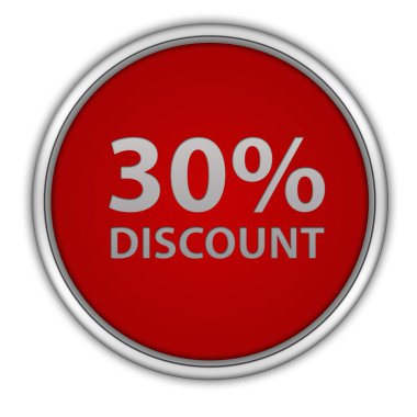 % 30'u dairesel simgesi beyaz arka plan üzerinde indirim