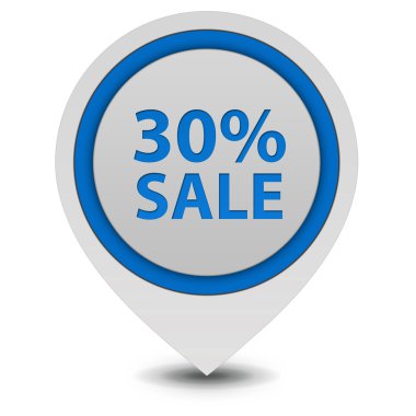 Satış % 30'u işaretçi simgesi beyaz arka plan üzerinde