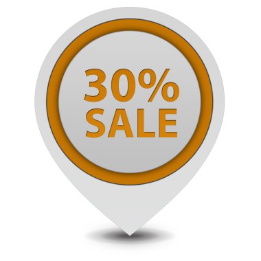 Satış % 30'u işaretçi simgesi beyaz arka plan üzerinde