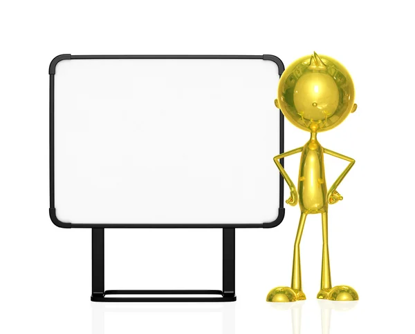 Golden character with white board — Stock Photo, Image