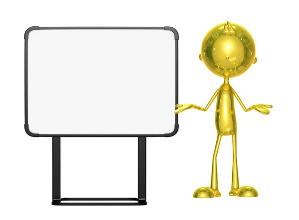 Golden character with white board — Stock Photo, Image