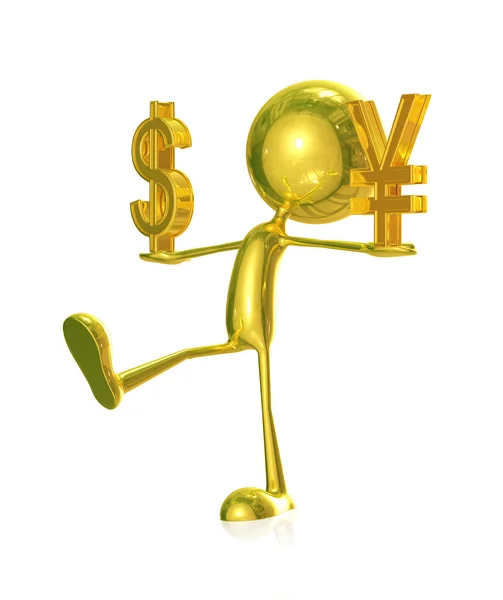 Golden character with  doller and yen — Stock Photo, Image