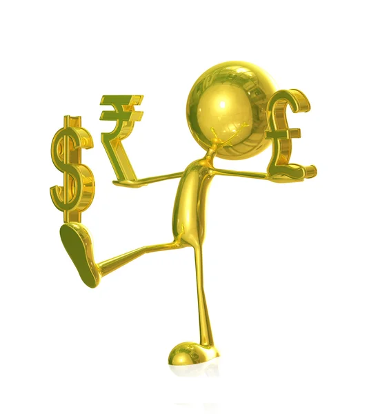 Golden character with rupees, doller and pound sign — Stock Photo, Image