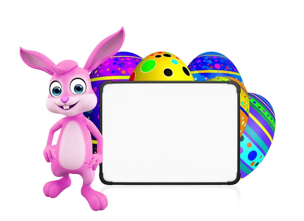 Easter Bunny with eggs and signboard — Stock Photo, Image