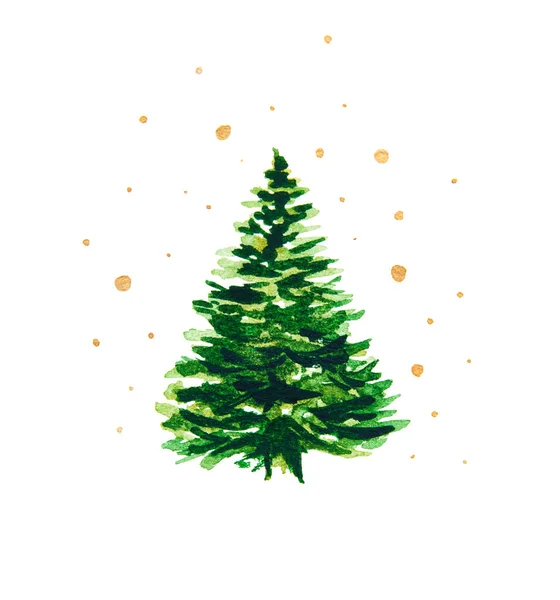 Green Christmas tree on a white background with gold stars. Watercolor drawing — Stock Photo, Image