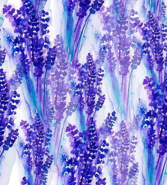 Seampless Pattern herbs and flowers painted with violet watercolor. Lavender watercolor pattern — Stock Photo, Image