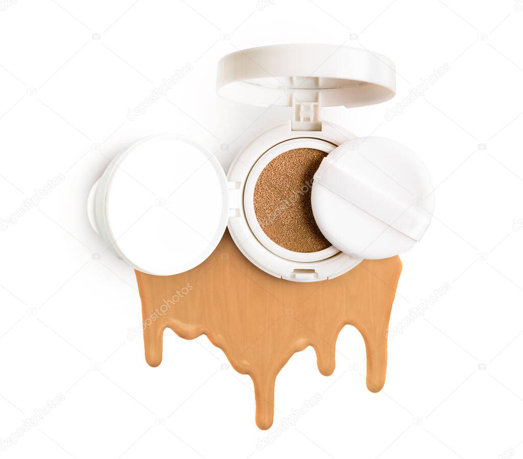 Liquid cushion with smeared sample, Cosmetic face powder isolated on white background Liquid Tonal fluid for the face flows down on a white background