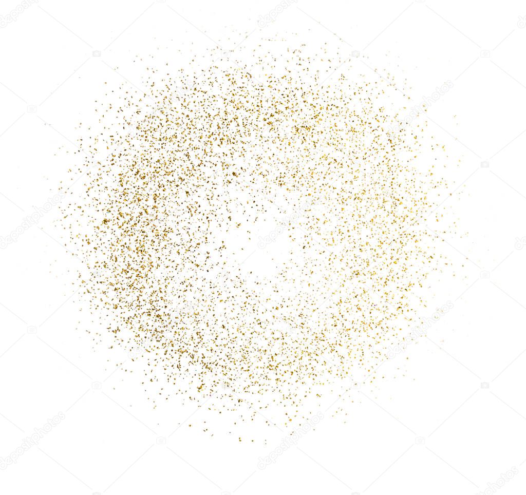Golden splash or glittering spangles round frame with empty center. Golden glittering circle