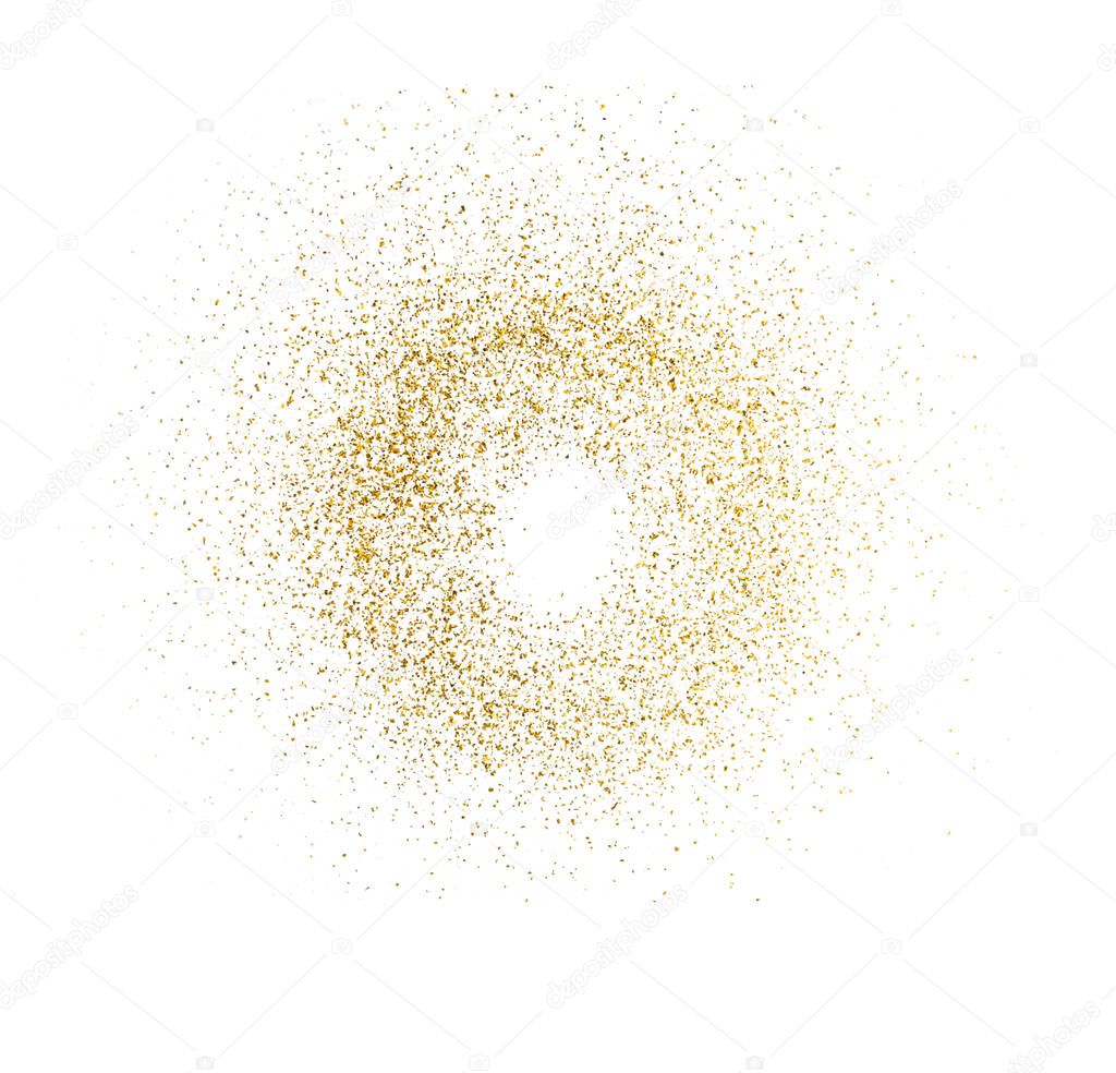 Golden splash or glittering spangles round frame with empty center. Golden glittering circle