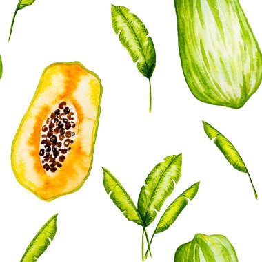 Papaya illüstrasyonunun kusursuz deseni ve muz yaprakları. Suluboya papaw. Suluboya çizimi beyaz arkaplanda izole edildi. Suluboya meyve. Egzotik, tropikal.
