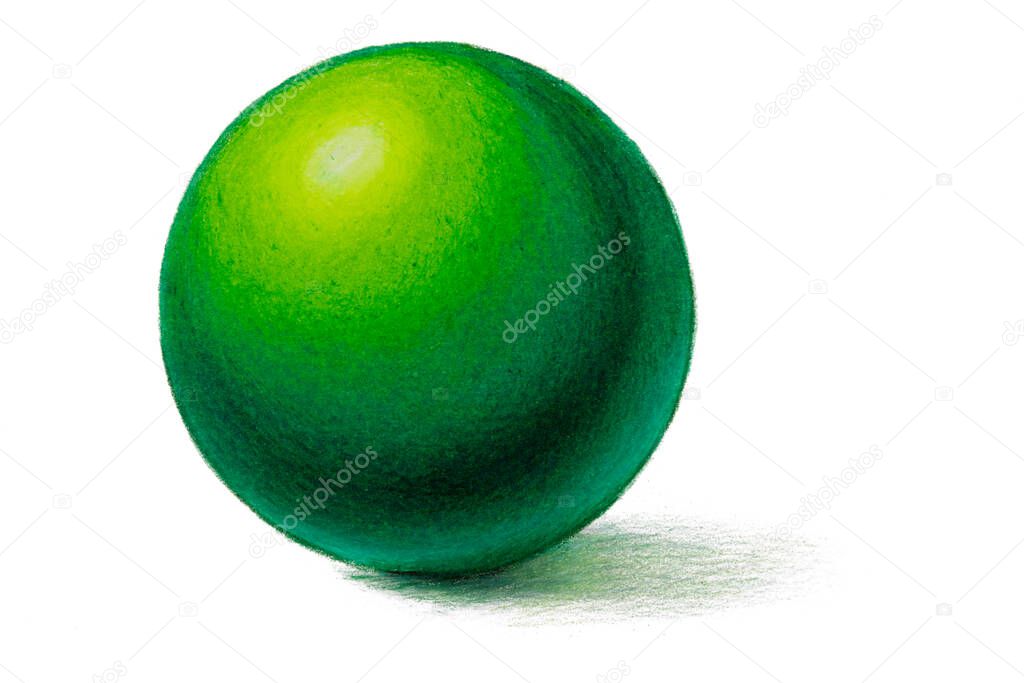 Handdrawn Pencil drawing of realistic green ball with shadows. Drawing with Colored pencil isolated on white