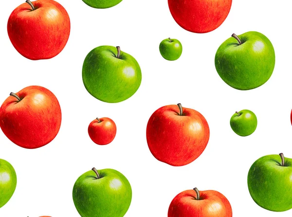 Patrón sin costura de manzana roja y verde. Textura dibujada a mano con manzanas enteras sobre fondo blanco. Fondo de pantalla de comida natural artística — Foto de Stock