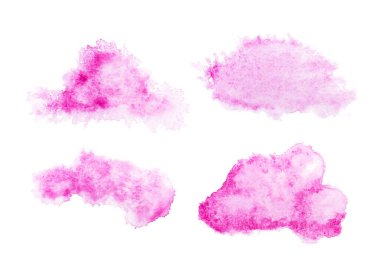 Pembe renkli suluboya el, tasarım ve dekorasyon için beyaz arka planda izole edilmiş kağıt tohum dokusu lekesi çizdi. Soyut sanatsal şekil ögesi.