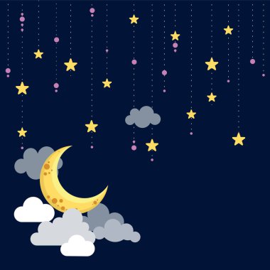 Gece arkaplanda asılı bulutlar, yıldızlar ve ay kağıtları. Vektör illüstrasyonu.