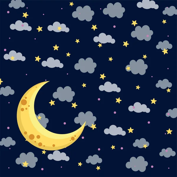 Hanging clouds,stars and moon paper art style on night background.Vector illustration. — Stock Vector