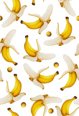 Meyveli kusursuz desen. Tropik soyut arka plan. Beyaz arkaplanda muz ve sarı top.