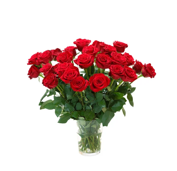 Bouquet of blossoming dark red roses in vase isolated on white background — Stock Photo, Image
