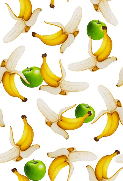 Modello senza cuciture con frutta. Sfondo tropicale astratto. Banana e mela su sfondo bianco. — Foto Stock