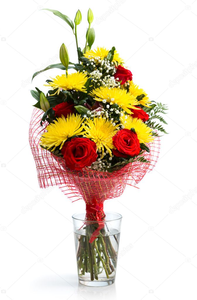 Bouquet from roses and chrysanthemums on  white background