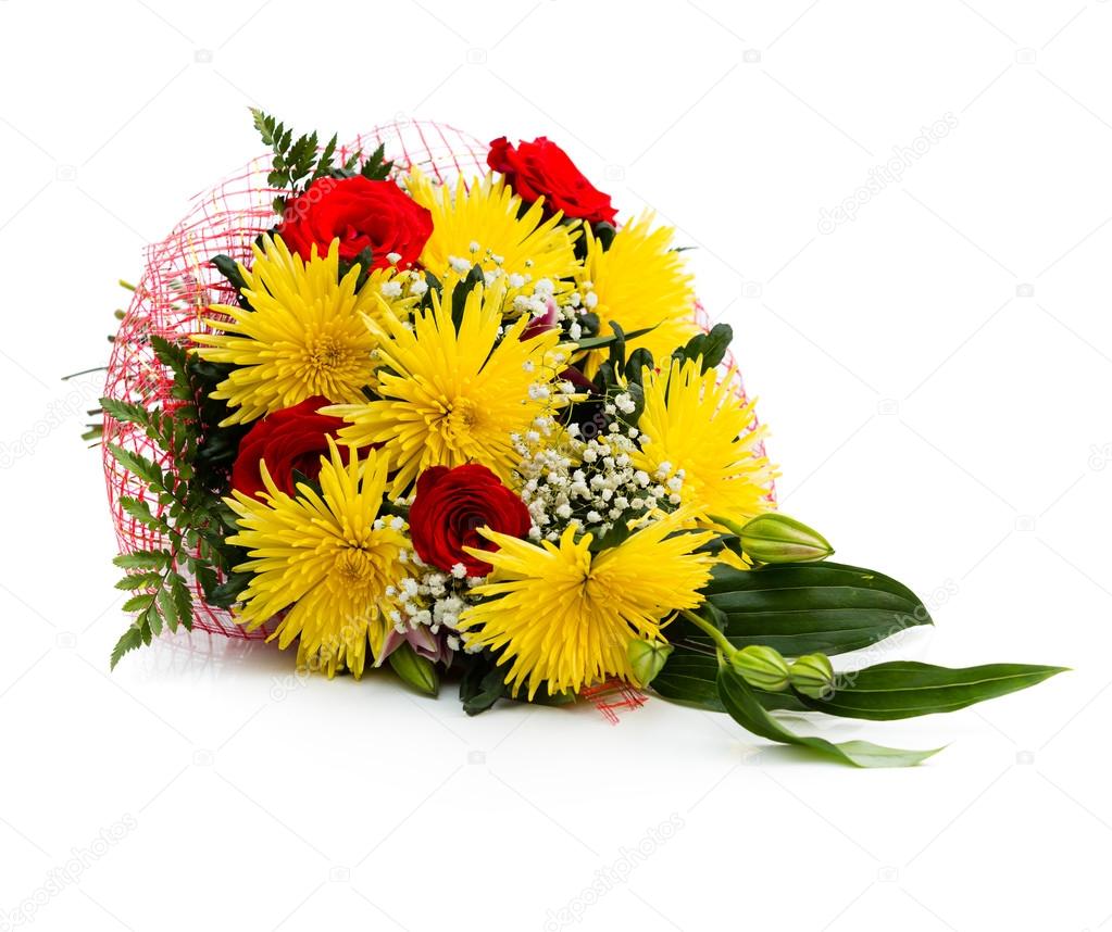 Bouquet from roses and chrysanthemums on  white background
