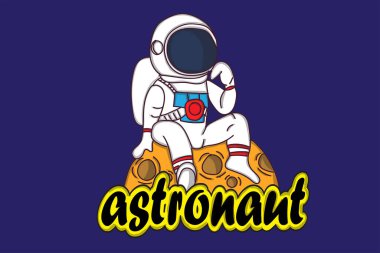 Ay 'da oturan sevimli astronot maskot çizgi film karakteri