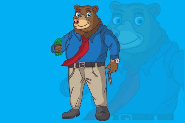 Ayı Zengin Şişko Ayı maskot karakteri para ve araba anahtarı tutuyor.