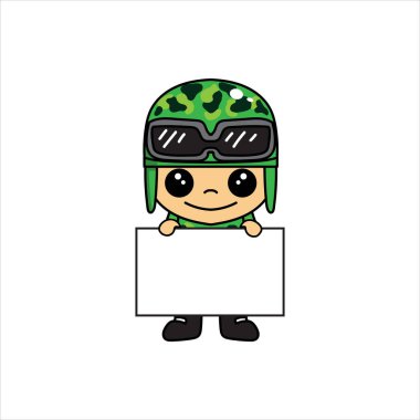 Beyaz tahtası olan yakışıklı asker ya da asker çizgi film karakterinin maskot çizimi