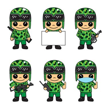 Bir grup şirin ordu ya da asker çizgi film karakteri maskot çizimleri.