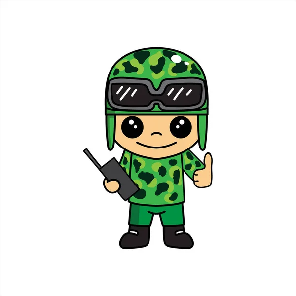 吉祥物 用大拇指和收音机描绘可爱的士兵或士兵卡通人物 — 图库矢量图片