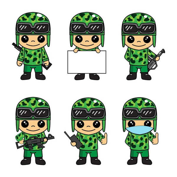 Bir grup şirin ordu ya da asker çizgi film karakteri maskot çizimleri.