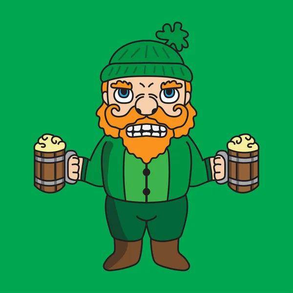 Patrick Dwarf Mascot Cartoon Character Illustration Drinking Two Glasses Beer — Stock Vector
