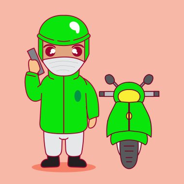 Maskeli bir teslimatçının müşteri çağırma karikatürü çizimi.