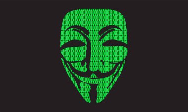 T-shirt tasarımı veya duvar kağıdı için yeşil dijital yağmurlu anonim hacker yüzü