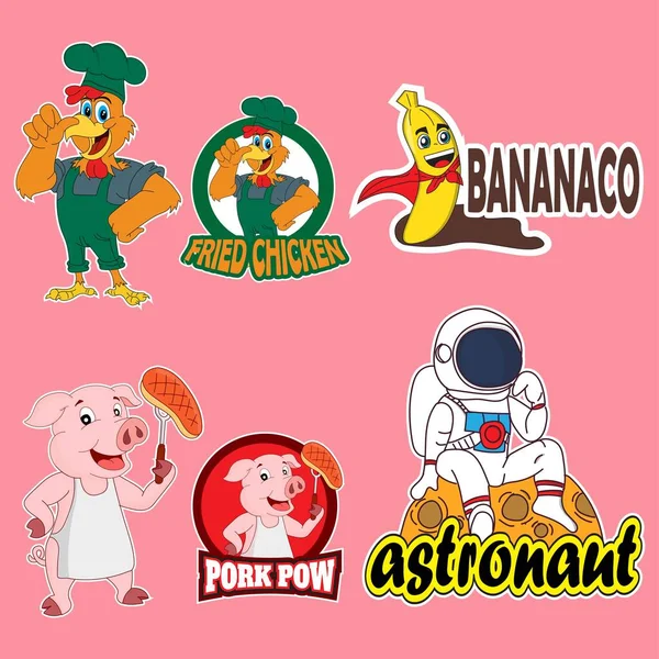 Conjunto Pacote Mascote Personagem Desenho Animado Logotipo Frango Banana Super — Vetor de Stock