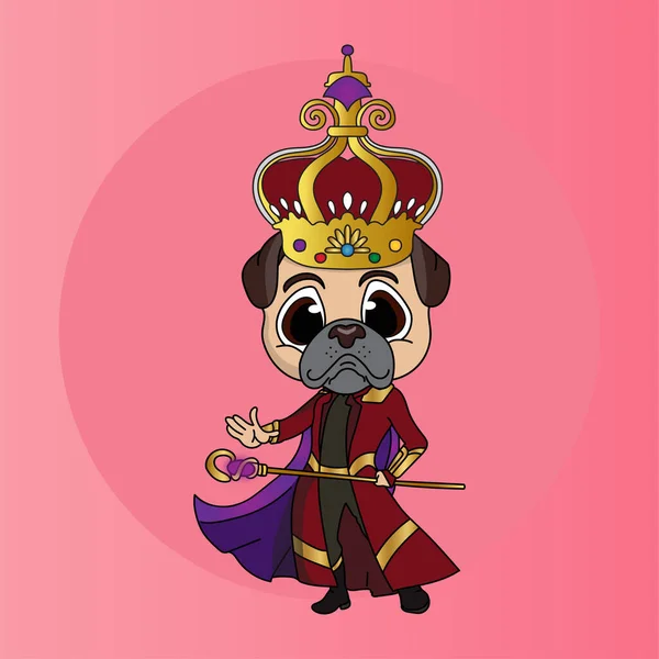 Personagem Rei Cão Chibi Desenhos Animados Com Cetro Capa Coroa — Vetor de Stock