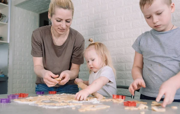 kids help their mom to make delicious cookies at home in the kitchen. joint cooking is a concept of family happiness