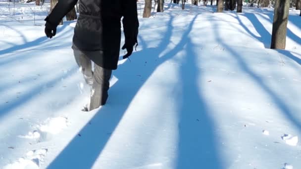 Hombre de ciudad caminando en nieve profunda — Vídeos de Stock