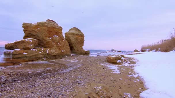 Inverno, Costa del mare con neve e ghiaccio — Video Stock