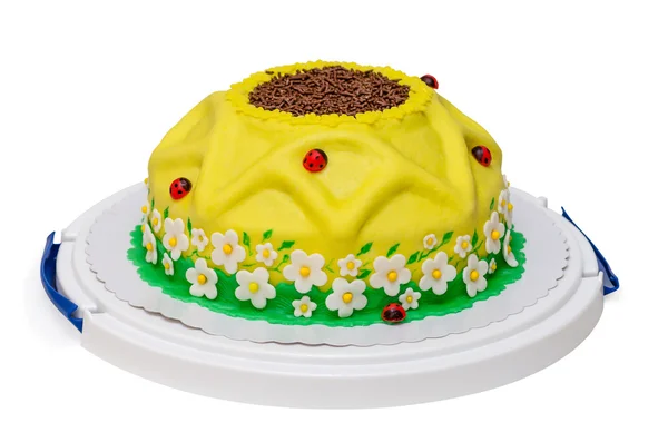 Sarı doğum günü pastası uğur böceği ve izole çiçekler ile ayçiçeği — Stok fotoğraf